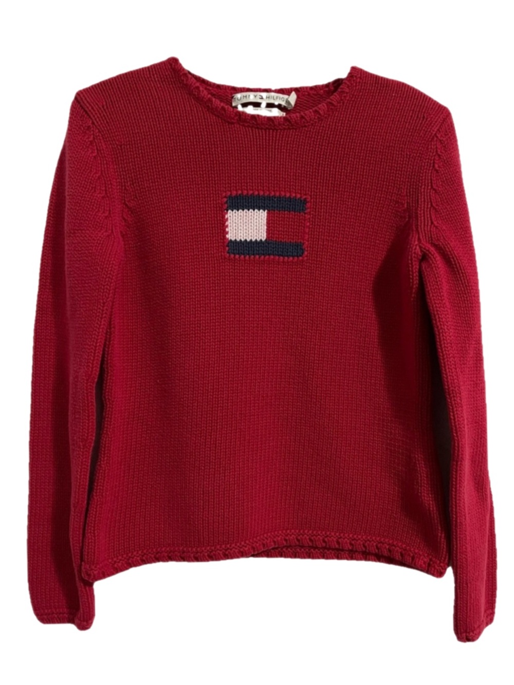Tommy Hilfiger Red Knit Crewneck Sweater with Flag Logo